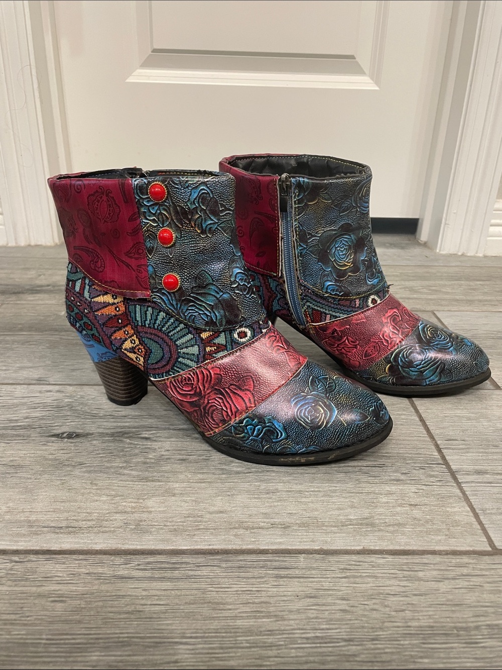 Multicolor Floral Embossed Ankle Booties with Button Accent